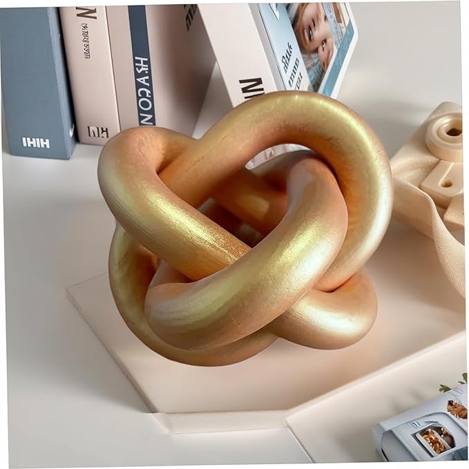 GUDAGUU Wood Knot Decor -Coffee Table Decor Shelf Decor Table Books Hand Carved Home Decoration Boho Country Rustic Modern Shabby Chic Style 3 Link Wooden Knot Chain Link Decor (Gold)