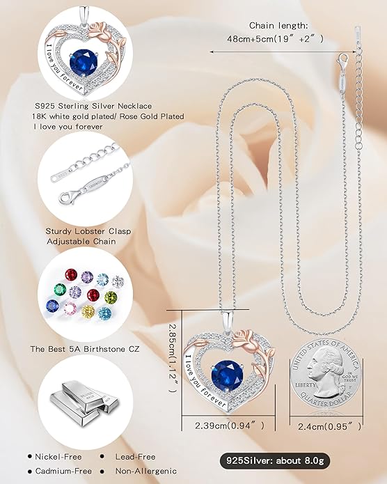 Women's Birthstone Necklace, Holiday Gift for Girlfriend, 925 Sterling Silver Heart Rose Necklace, Anniversary Birthday Gift for Wife, Daughter