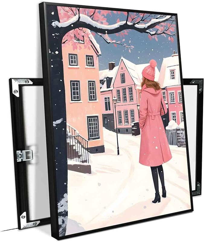 Framed Canvas Wall Art serene winter scene in a quaint village art print Christmas snow cosy winter's day 16x24in Metal blackFramed