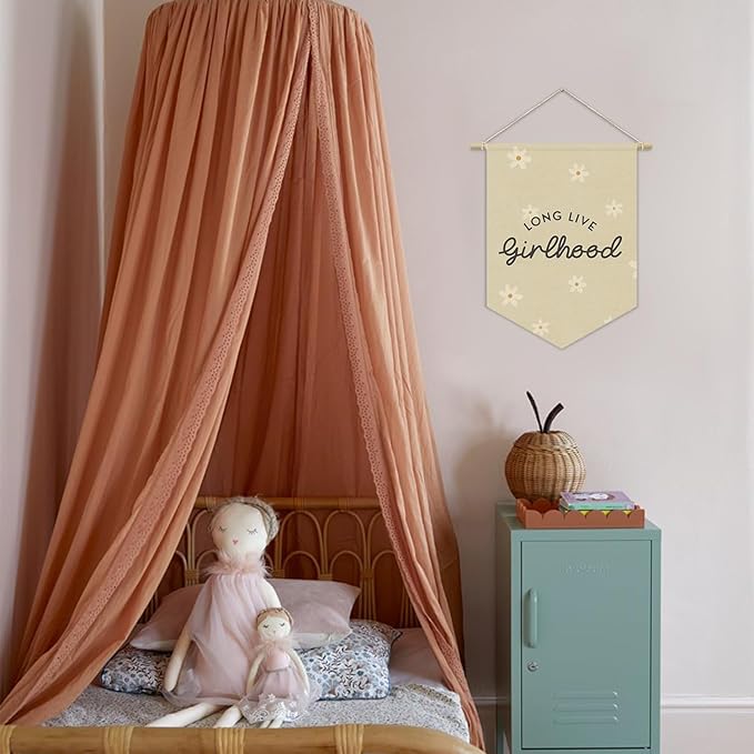 Girl Nursery Decor, Long Live Girlhood Linen Canvas Banner, Neutral Floral Wall Hanging Pennant Flag Banner for Girl Nursery Toddler Kids Room Bedroom Dorm Playroom Decor, 15x11in