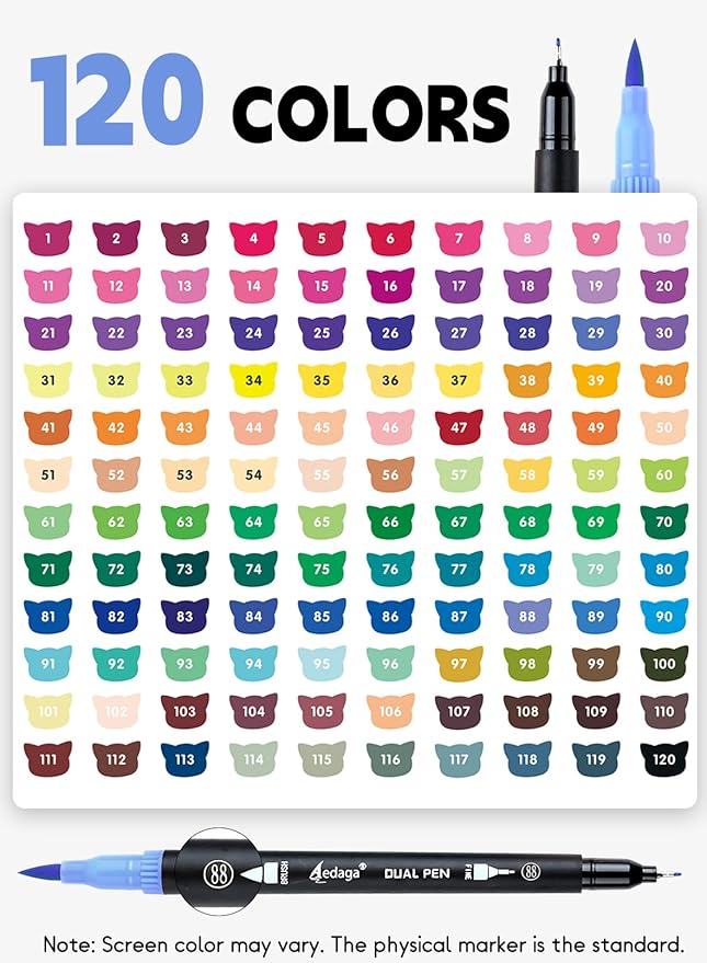 120 Colors Numbered Dual Tip Brush Pens with Free App, Fine and Brush Tips Pens for Adults and Kids, Coloring Markers for Coloring Book Bullet Journaling Note Taking Planner Hand Lettering