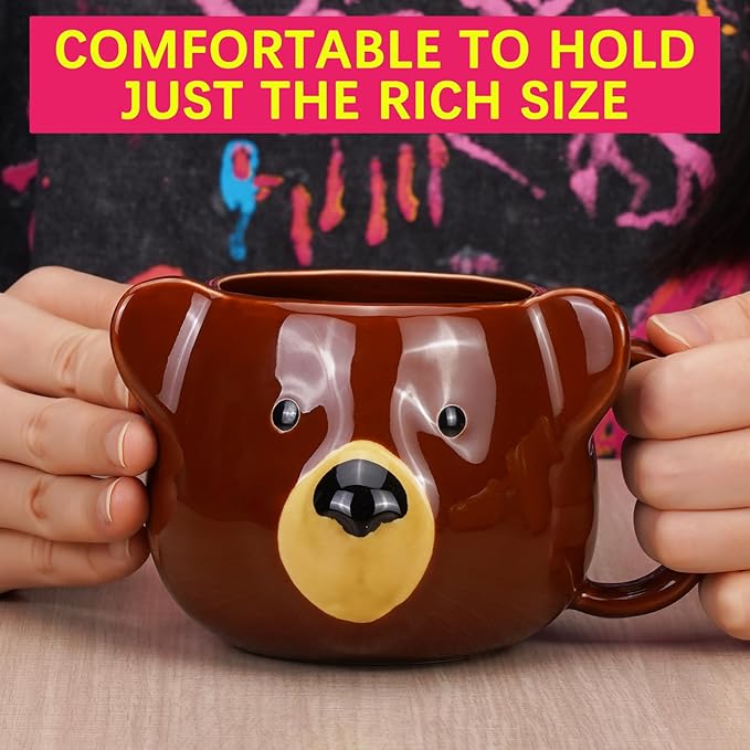 Bear Mug 14 oz Ceramic Coffee Mug 3D Porcelain Tea Cup for Women & Men - Kawaii Bear Gifts for Christmas, Housewarming, Birthday - Brown