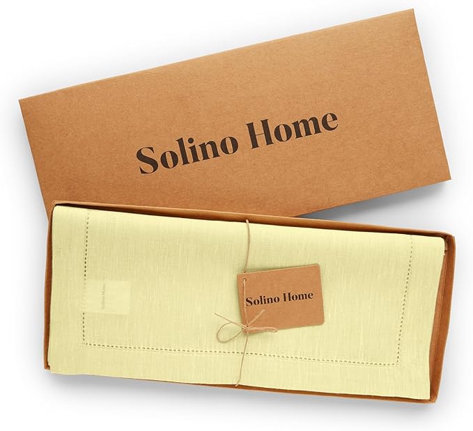 Solino Home Linen Table Runner 36 Inches - 100% Pure Linen Butter Yellow Hemstitch Table Runner 14 x 36 Inch Ideal for Dresser and Coffee Tables, Spring, Easter - Milan