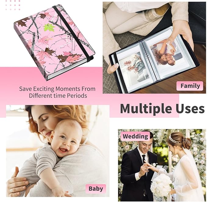 Mini Photo Album 2x3,60 Photos Capacity,PU Leather Cover with Elastic Band,High Definition Waterproof PP Pages for Family Wedding Anniversary Baby Record,Camo Pink