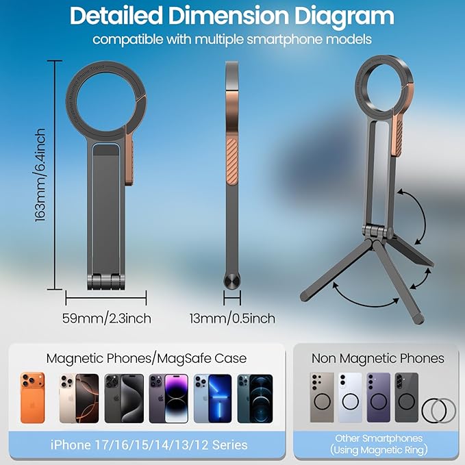 Magnetic Phone Tripod, Aluminum Alloy Mini Foldable Tripod for Cell Phone, Travel Essential Adjustable Phone Stand for Desk/Handheld, Compatible with iPhone 17/16/15/14/13/12 Series, Black