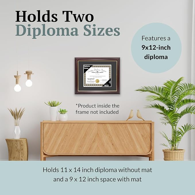 Creative Picture Frames 9x12 Mahogany Gold Rim Diploma Frame with Black Mat Glass Easel and Installed Wall Hangers | Frame Holds 11x14 Media without Mat