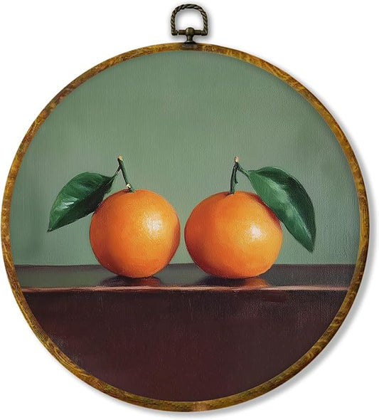 Hiuwevt Vintage Two Oranges Round Wall Art Decor, Retro Citrus Fruits Painting Hanging Canvas Prints Artwork Framed, Mild Green Still Life Circular Wall Decor for Home Living Room, 10x10 Inch