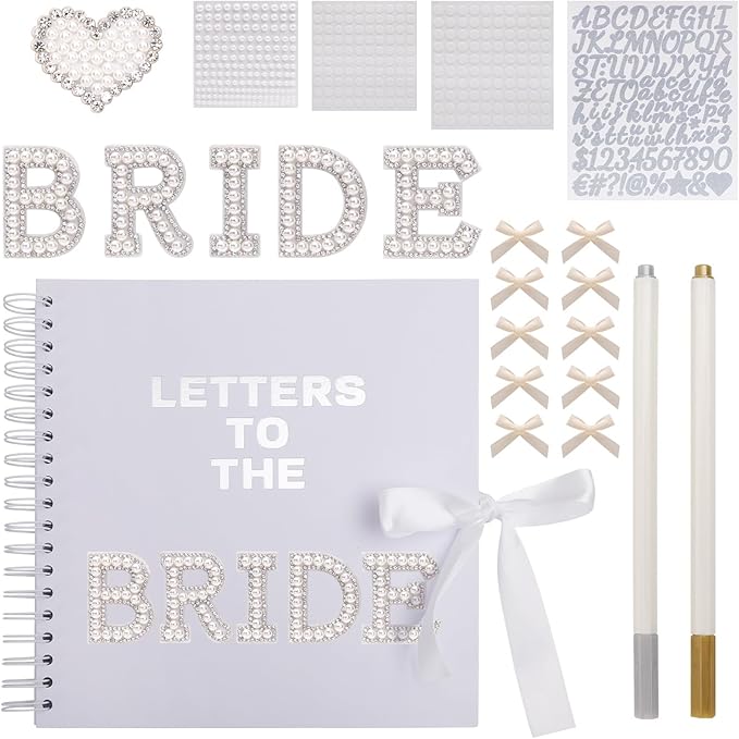 BINBE 8 x 8 Inch Letters to The Bride Scrapbook Kit DIY Blank Paper Scrapbook Photo Album Wedding Memory Book Bridal Guest Book Sign with Pearl Stickers, Letter Patches, Bows White