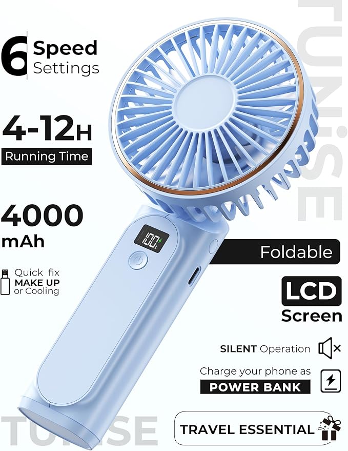 Portable Handheld Fan, Portable Fan Rechargeable, 4000mAh, 180° Adjustable, 6 Speed Wind, Display Electricity in Real Time, USB Rechargeable Foldable Fan, Quiet Personal Fan as Power Bank