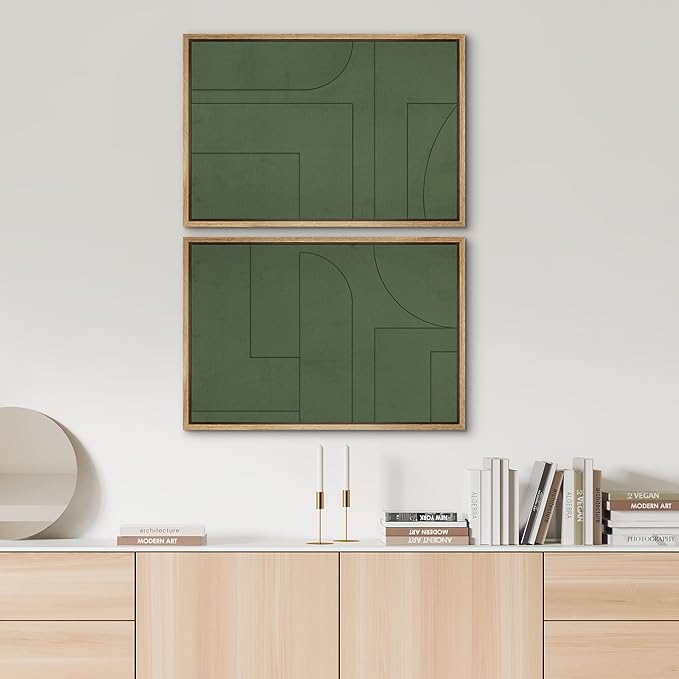 SIGNWIN Framed Canvas Print Wall Art Set Green Mid-Century Polygon Landscape Abstract Shapes Digital Art Modern Art Decorative Vintage for Living Room, Bedroom, Office - 24"x36"x2 Natural