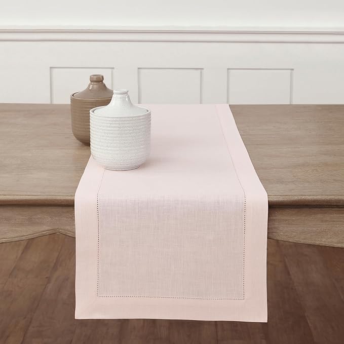 Solino Home Linen Pink Table Runner 90 Inches Long - 100% Pure Linen Hemstitch 16 x 90 Inch Table Runner for Dining, Valentines, Spring, Easter - Classic Hemstitch