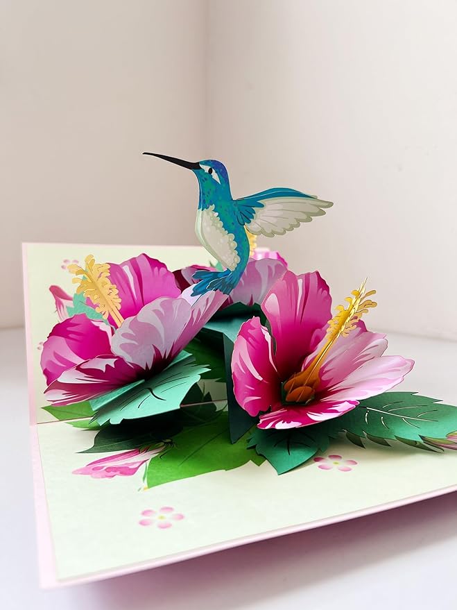 ETA Hibiscus & Hummingbird Pop-Up Card – 3D Handmade Floral Greeting Card for Birthdays, Mother’s Day, Anniversaries & Special Occasions F15