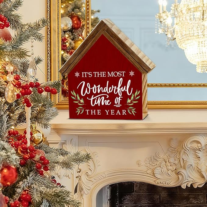 It's the Most Wonderful Time of the Year House Shaped Wood Sign, Rustic Christmas Decor for Farmhouse Home Office Kitchen Bathroom