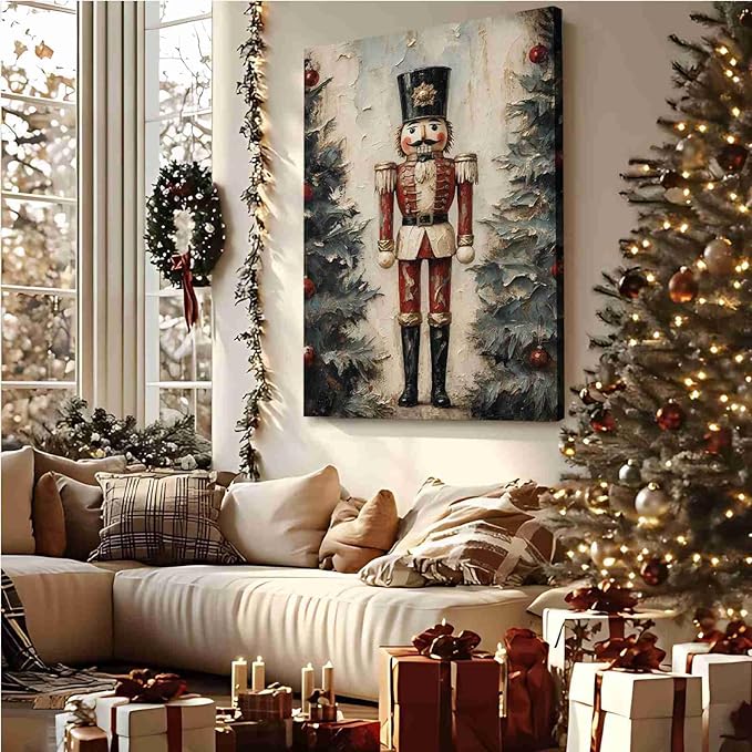 Nutcracker Soldier Vintage Christmas Art Holiday Doll Canvas Wall Art Traditional German Decor Red Uniform Soldier Prin Poster Indoor Decor for Home Offices Living Room Bedroom Dining Room farmhouse