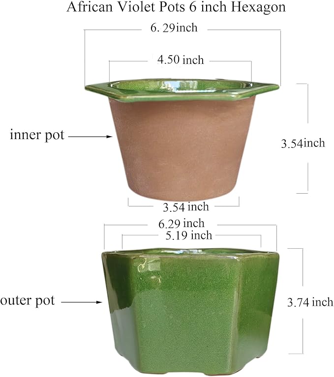 African Violet Pots 6 inch Hexagon Self-Watering Ceramic Pots 4.50'' Opening(Green)