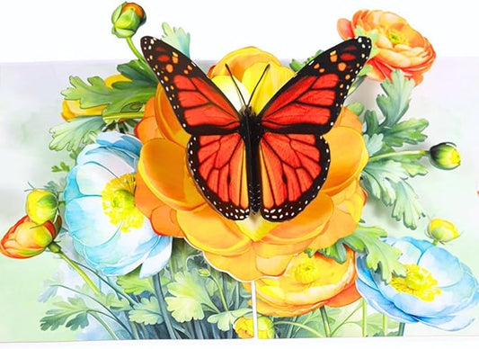 Butterfly on Flower Pop-Up Birthday Card – Handmade 3D Monarch Butterfly Floral Card for Wife, Mom, Her, Sister, Daughter, Ideal Gift for Birthday, Get Well, Thank You, Mothers Day, 6x8 inch