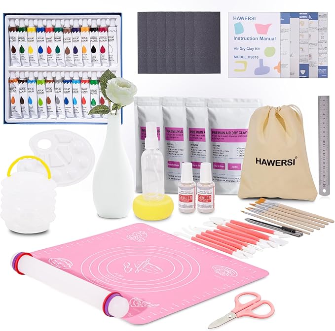 HAWERSI Air Dry Clay Kit for Adults,66 Pcs Beginners Pottery Kit Includes 4.4Lbs Air Dry Clay,Tools, Paints,Brushes,Gloss Varnish,Sand Papers,Non-Stick Rolling Pin,Storage Bag,Christmas Gift