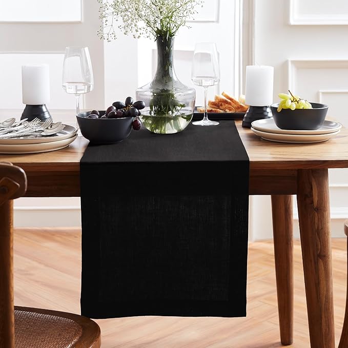 Solino Home Linen Black Table Runner 108 Inches Long - 100% Pure Linen Dining Table Runner 14 x 108 Inch for Winter, Spring - Sonoma