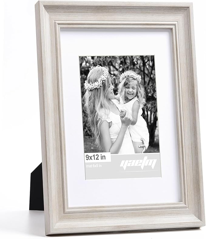 Yaetm 9x12 Picture Frame Matted to 6x8 Set of 4, 1.4” Wide Molding & Rustic White Photo Frames 9 x 12 with HD Tempered Glass for Wall Gallery, Home and Office, Wall Mount (4 pack, White)