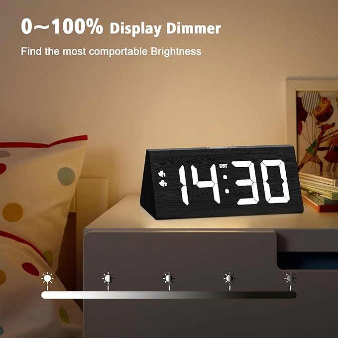 Wooden Digital Alarm Clock with Dual USB Charging Ports, DST, Dimmable, Snooze, Modern Large Time Display LED Clock for Kids Bedrooms, Living Room, Desk, Table, Bedside, Nightstand (Black)