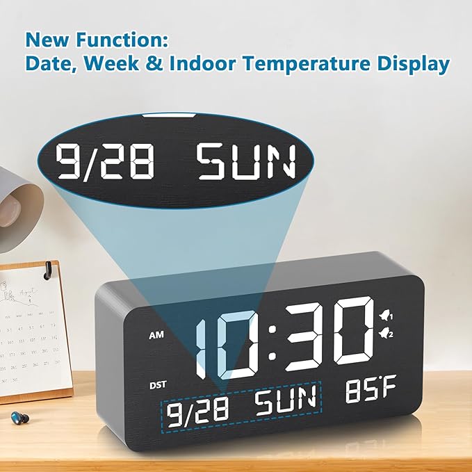 Wooden Digital Alarm Clock for Bedroom - Desk Clock with Date, Day of Week, Temperature, Dual Alarms, Dimmer, USB Port Charge, DST, Adjustable Volume for Living Room/Office Wood Decor (Black)