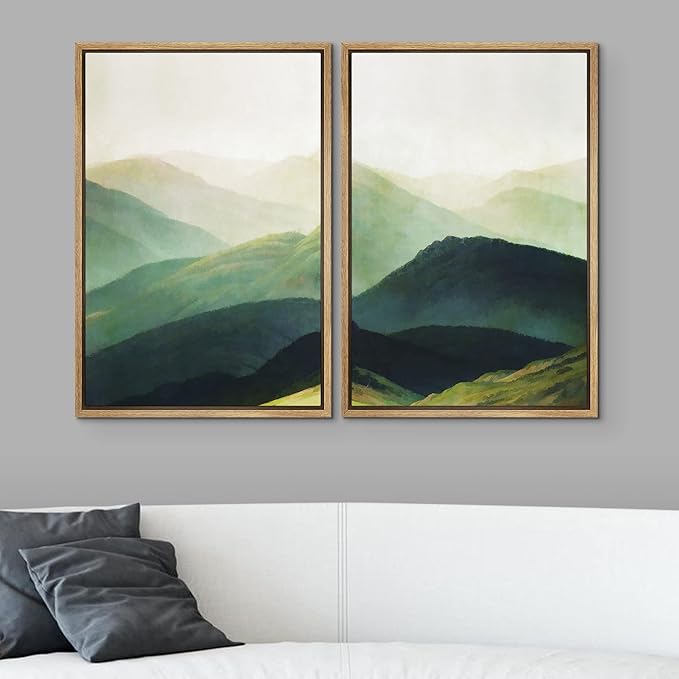 SIGNWIN Framed Canvas Print Wall Art Set Green Mountain Range Forest Landscape Nature Wilderness Digital Art Modern Art Floral Rustic Decorative for Living Room, Bedroom, Office - 24"x36"x2 Natural