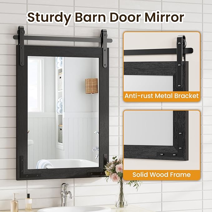 22” x 30” Black Farmhouse Barn Door Mirror with Rustic Solid Wood Frame, Shatterproof Glass, No Assembly Required – Perfect for Farmhouse Style Decor