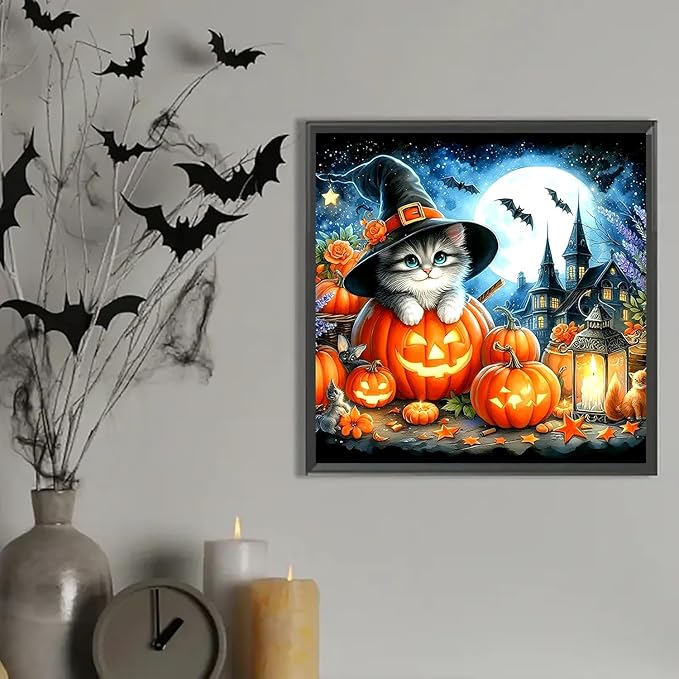 mrpwnle Diamond Art Kits for Adults, Halloween Diamond Painting Kits for Beginners, Halloween Cat Pumpkin Diamonds Art Painting Kits, 5D Round Full Drill Crafts Kits Home Decor Gifts 12x12in