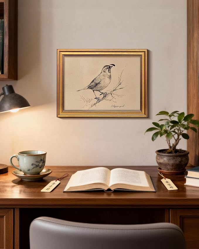 Bzstyleart Vintage Wall Art Decor for Living Room,California State Bird Vintage Gold Framed Wall Art,Sketch Painting Picture,Room Decor Aesthetic,Canvas Prints for Apartment Decor Office,12L x 16W