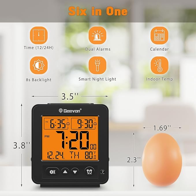 Geevon Smart Night Light Small Digital Alarm Clock with 2 Increasing Beep Alarm, Indoor Temperature, Battery Operated Travel Clock for Bedroom, Bedside, Desk(Black)