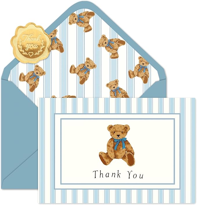JarThenaAMCS 24 Pack Bear Thank You Cards Blue Stripe Bear Greeting Cards with Envelopes Stickers Cute Blank Note Card for Birthday Baby Shower Party Supplies, 4 x 6 Inch