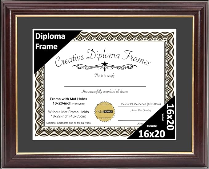 Creative Picture Frames 16x20 Classic Black Diploma Frame with Black Mat Glass and Installed Wall Hangers | Frame Holds 18x22 Media without Mat