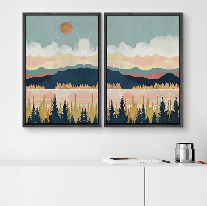 SIGNWIN Framed Canvas Print Wall Art Set Pastel Pink Blue Geometric Mountain Landscape Nature Wilderness Illustrations Modern Art Scenic Colorful for Living Room, Bedroom, Office - 24"x36"x2 Black