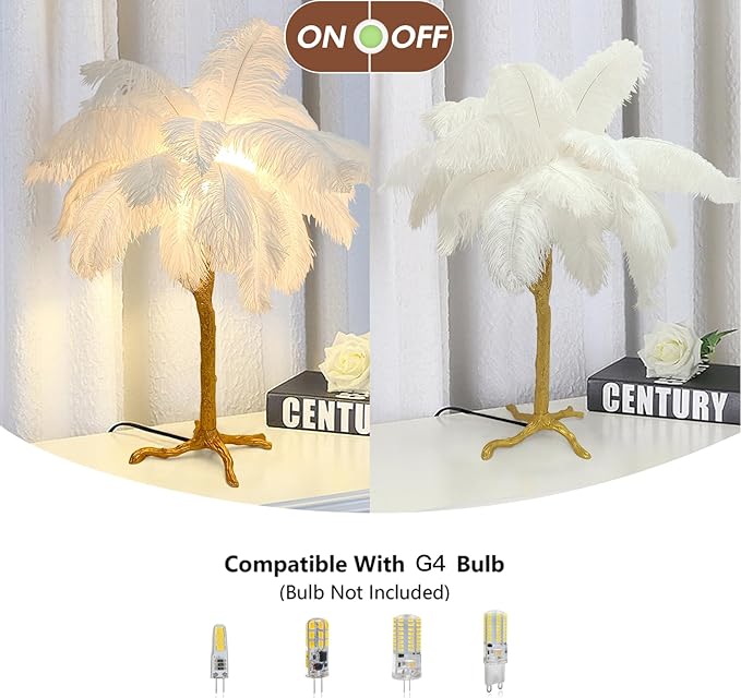 Chic White Feather Lamp Ostrich Feather Table Lamp Europe Bedside Fuzzy Lamp for Girl Romantic Wedding Gift Fluffy Desk Light G4*3 Bulb for Living Room Bedroom Entrytable Office Christmas