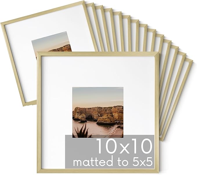 HAUS AND HUES 10x10 Gold Metal Picture Frames Matted to 5x5 - Premium Aluminum with Hanging Hardware, Shatterproof Plexiglass - Ideal for Home or Office (10x10 in, Gold, Set of 15)
