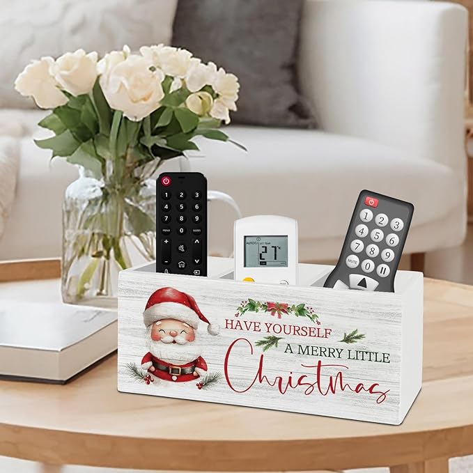Christmas Santa Pen Pencil Holder Organizer for Desk Accessories, Winter Xmas Santa Claus Holiday Wooden Box Sign Desk Decor for Home Office Decoration, Christmas Office Decor