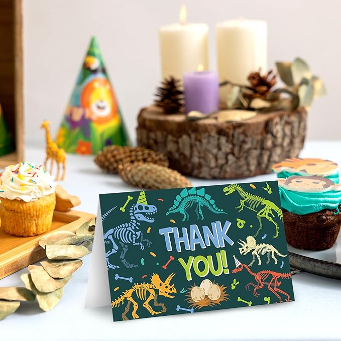 36 Pack Dinosaur Thank You Cards Greeting Cards with Envelopes Stickers Dark Green Dinosaur Skeleton Blank Note Card for Birthday Baby Shower Party Supplies