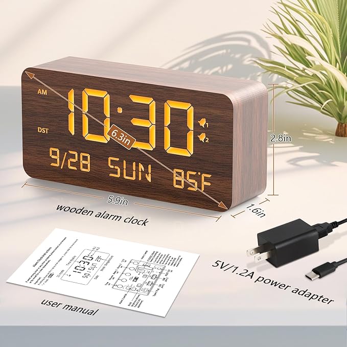 Wooden Digital Alarm Clock for Bedroom - Desk Clock with Date, Day of Week, Temperature, Dual Alarms, Dimmer, USB Port Charge, DST, Adjustable Volume for Living Room/Office Wood Decor (Brown)