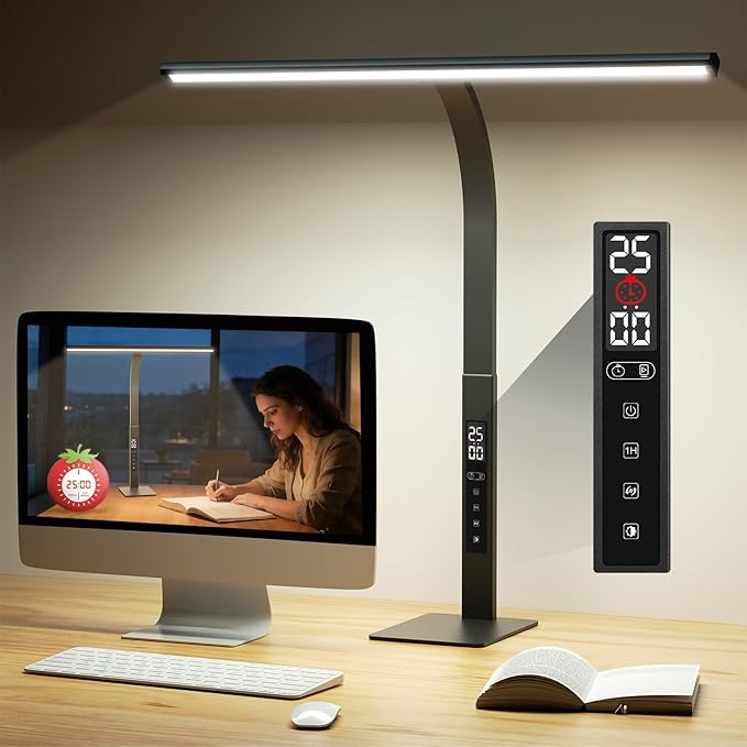 LED Desk Lamp for Office Home: Desk Light with Base 25 Min Pomodoro Timer, Clock LCD Display - 5 Color Stepless Dimming Adjustable Flexible Gooseneck, Lighting Table Lamp for Reading Study Drafting