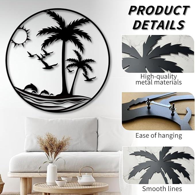 Palm Tree Metal Wall Decor,Palm Tree Outdoor Wall Art,Tropical Palm Tree Wall Decorations for Living Room,Outdoor Wall Decorations for House(35"x35"/90x90 cm, Black)