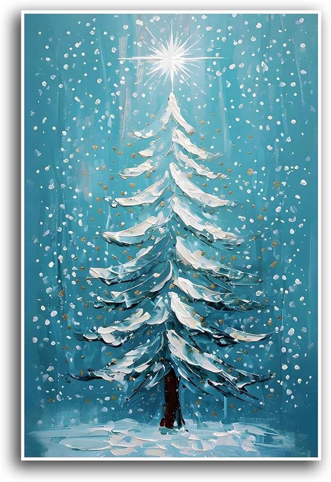 Canvas Wall Art Blue Christmas Tree Print Merry Christmas Wall Decor Holiday Nature Gift Holiday Poster 16x24in-UnFramed