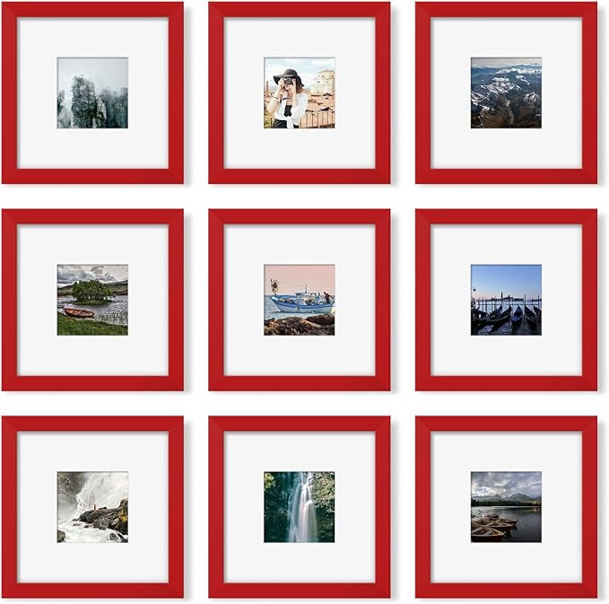 8x8 Picture Frame Set of 9, Photo Gallery Wall Frame Set, Display Pictures 4 x 4 with Mat or 8x8 Without Mat, Square Frame Picture Frames Collage Wall Decor, Red