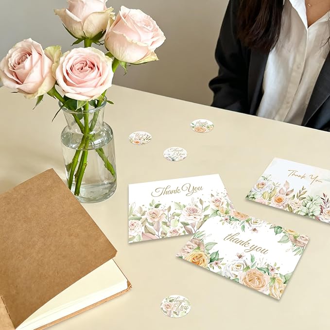 48Pcs Thank You Cards with Envelopes and Stickers for Weddings, Bridal Shower, Baby Shower, Small Business