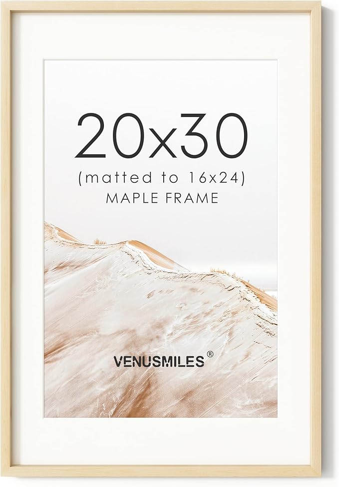 20x30 Poster Frame, USA-Sourced Natural Maple Wood Picture Collage Frame with HD Tempered Glass, Modern Simple 20 x 30 Wooden Photo Frame Matted to 16x24, Vertical & Horizontal Wall Hanging Display