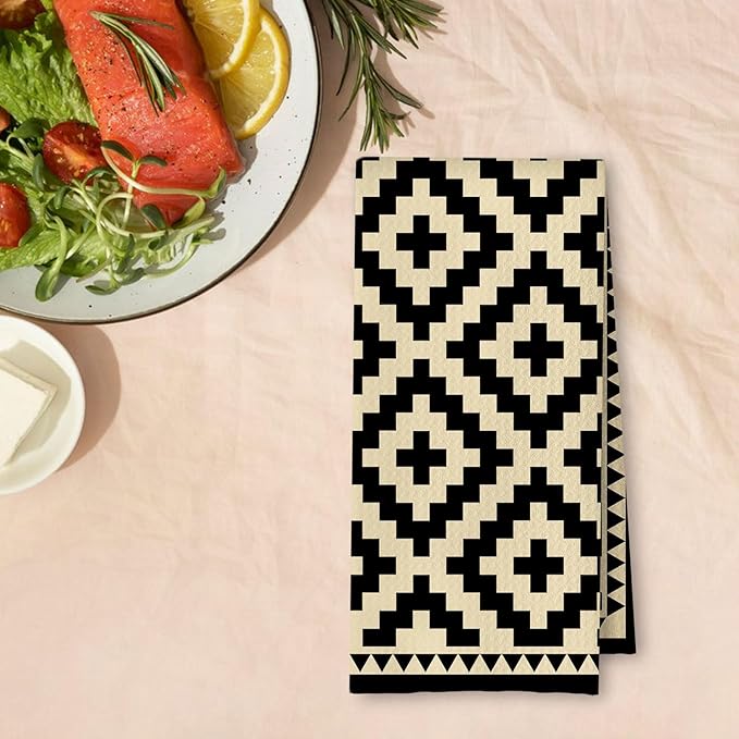 Neutral Abstract Kitchen Towels, Beige and Black Minimalist Dish Tea Towels for Kitchen Decor, Black and Cream Retro Mid Century Modern Decorative Hand Towel for Bathroom, 16x24 Inches