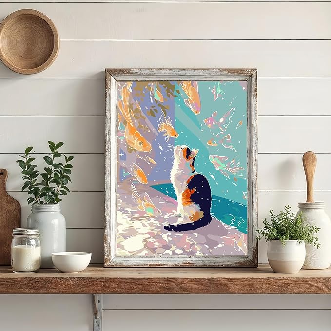 Mosaflare Paint by Numbers for Adults Beginner, Cat and Goldfish Adult Paint by Number Kits on Canvas, DIY Acrylic Oil Easy Painting by Numbers for Home Wall Decor 16X20 inch (Without Frame)