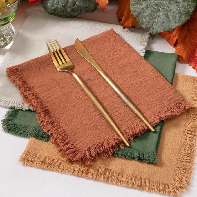 12 Pack Mixed Thanksgiving Color Cotton Linen Napkins with Fringe Fall Napkins Cloth Set of 12 Boho Napkins Handmade Dinner Napkins Bulk for Wedding Thanksgiving Dining Table, 17 x 17