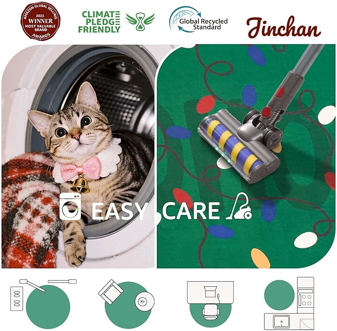 jinchan Jingle Lights Round Christmas Rug for Living Room 5ft Green Circle Holiday Rug for Bedroom 5' Colored String Lights Printed Xmas Decor Washable Indoor Carpet for Dining Room Foyer Non-Slip