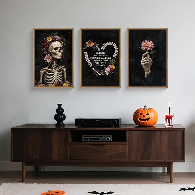 KAIRNE Halloween Gothic Skull Wall Art Set of 3, Spooky Skeleton Wall Decor and Horror Floral Prints, Dark Moody Canvas for Living Room, Bedroom, Goth Party Home Decor 16x24 inch