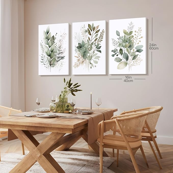 HLXRAE Framed Watercolor Botanical Wall Art Set of 3, Neutral Sage Green Bathroom Wall Decor, Modern Floral Canvas Paintings, Minimalist Farmhouse Poster Prints for Bedroom Living Room 16x24 Inch